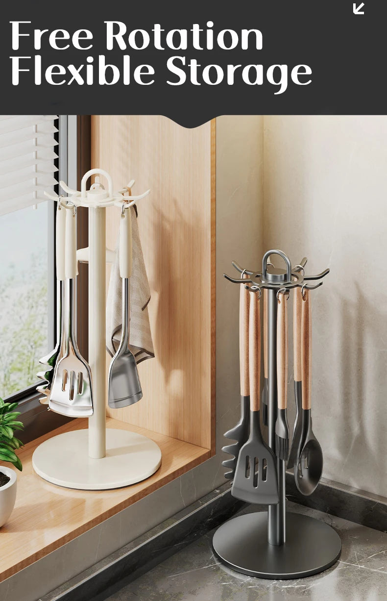 Kitchen Utensil Stand Rotating Storage Hanger with 8 Hooks Countertop Organizer