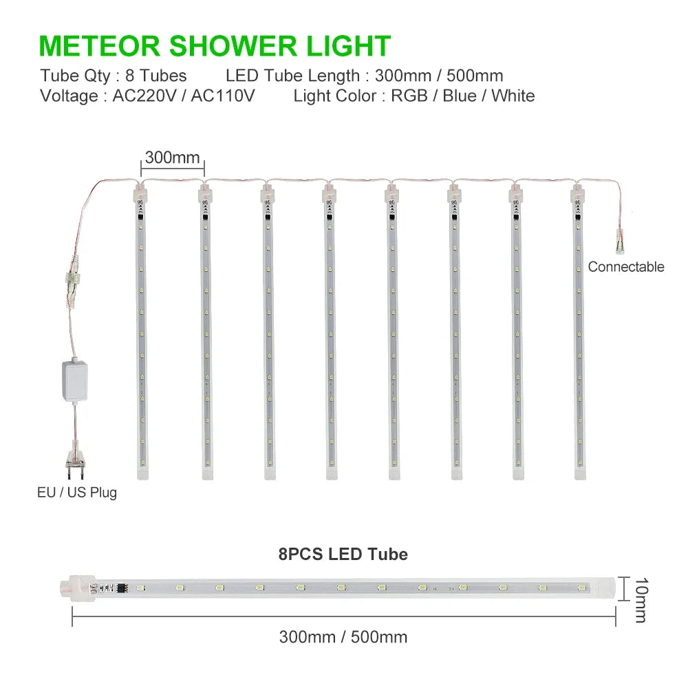 Waterproof Meteor Shower Rain 8 Tube LED String Lights – Outdoor Christmas Decoration