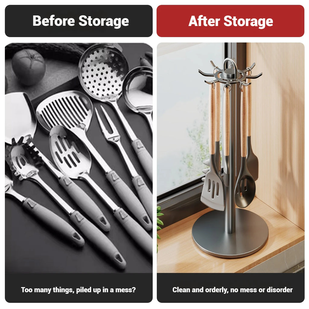 Kitchen Utensil Stand Rotating Storage Hanger with 8 Hooks Countertop Organizer