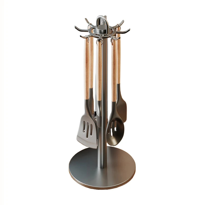 Kitchen Utensil Stand Rotating Storage Hanger with 8 Hooks Countertop Organizer