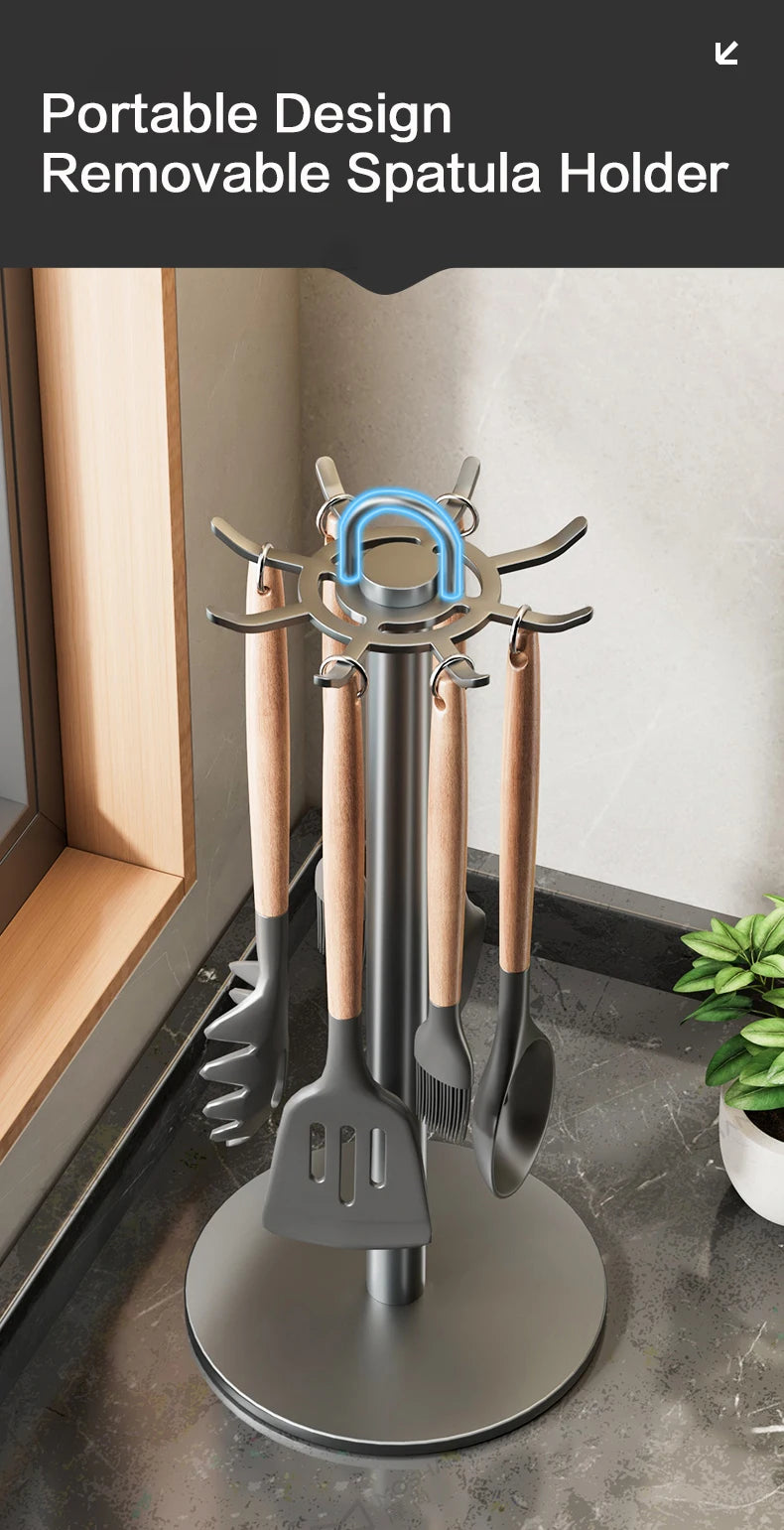 Kitchen Utensil Stand Rotating Storage Hanger with 8 Hooks Countertop Organizer