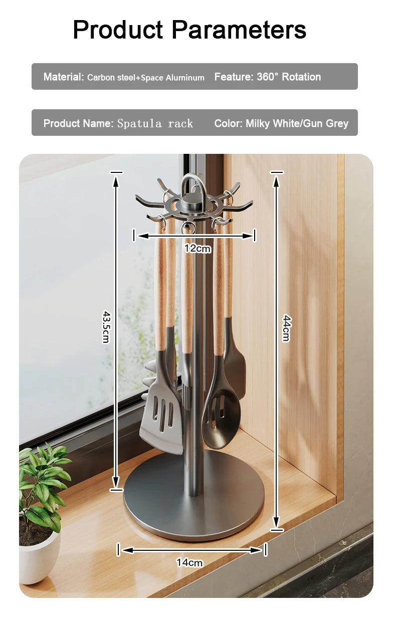 Kitchen Utensil Stand Rotating Storage Hanger with 8 Hooks Countertop Organizer