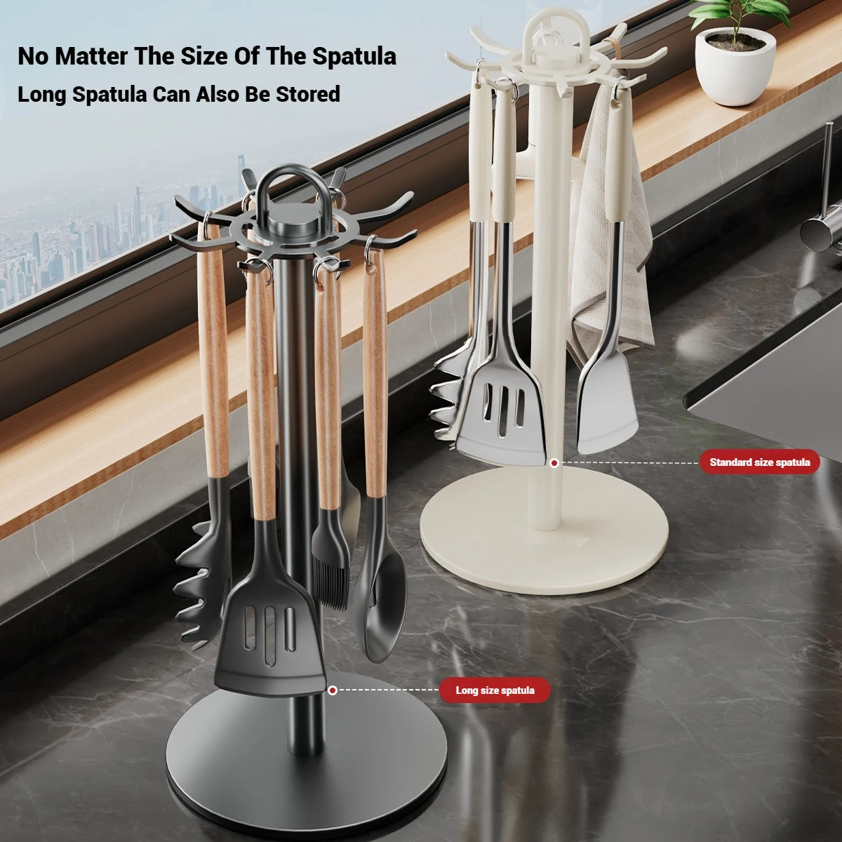 Kitchen Utensil Stand Rotating Storage Hanger with 8 Hooks Countertop Organizer