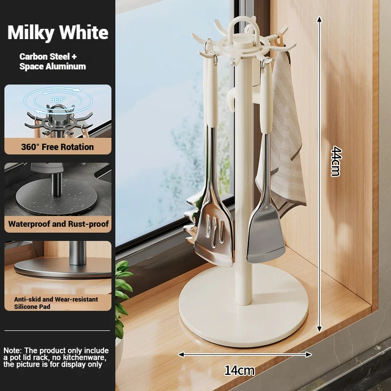 Kitchen Utensil Stand Rotating Storage Hanger with 8 Hooks Countertop Organizer