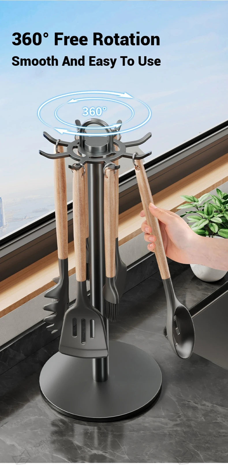Kitchen Utensil Stand Rotating Storage Hanger with 8 Hooks Countertop Organizer