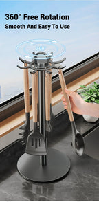 Kitchen Utensil Stand Rotating Storage Hanger with 8 Hooks Countertop Organizer