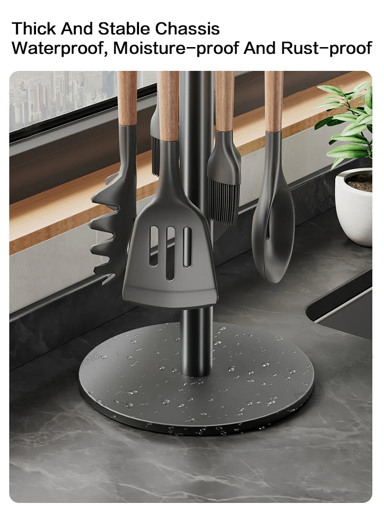 Kitchen Utensil Stand Rotating Storage Hanger with 8 Hooks Countertop Organizer