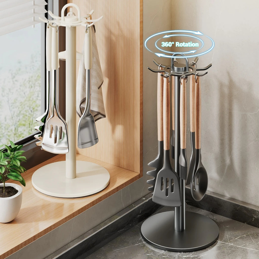 Kitchen Utensil Stand Rotating Storage Hanger with 8 Hooks Countertop Organizer